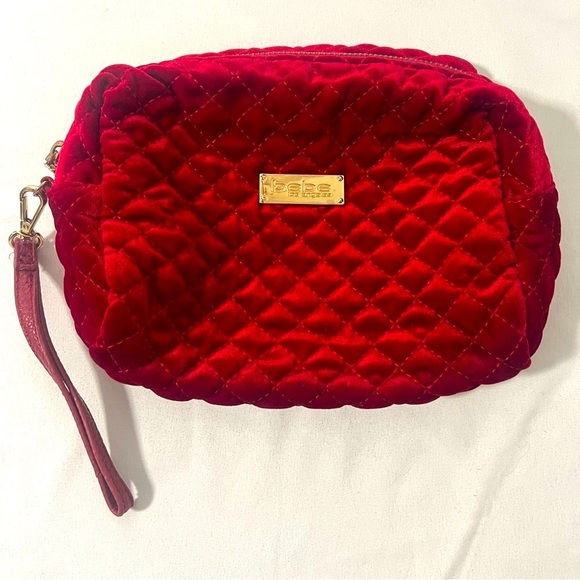 Bebe Wristlet Purse Velvet Quilted Dorothy Ruby Red Clutch Makeup Stains Inside - Picture 1 of 10